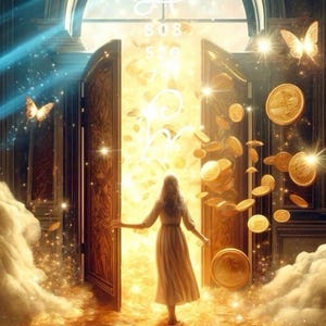 Può includere: Un'illustrazione digitale artistica raffigura una donna davanti a porte aperte, con monete d'oro e luce che filtra. L'immagine include farfalle, nuvole e il testo "LADYPOY TAROT" in basso. Un simbolo e dei numeri sono visibili sopra le porte.