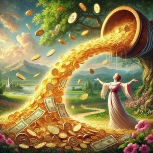 Può includere: Illustrazione digitale di una donna in un abito fluente con le braccia tese, sotto una cascata di monete d'oro e banconote che escono da un grande vaso. La scena è ambientata in un paesaggio lussureggiante con montagne, alberi e fiori.