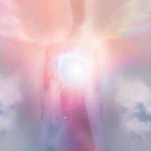 May include: An ethereal image featuring a figure bathed in soft, pastel hues of pink, purple, and blue. A bright, glowing light emanates from the center, suggesting a spiritual or abstract theme. Wisps of clouds add to the dreamlike quality.