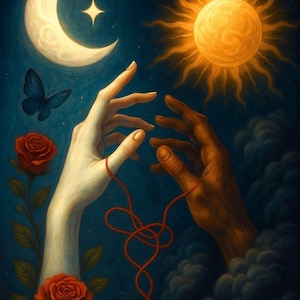 May include: An artistic painting depicts two hands connected by a red string, set against a celestial backdrop. A crescent moon and star are on the left, and a sun on the right. Red roses and a butterfly add to the romantic theme.