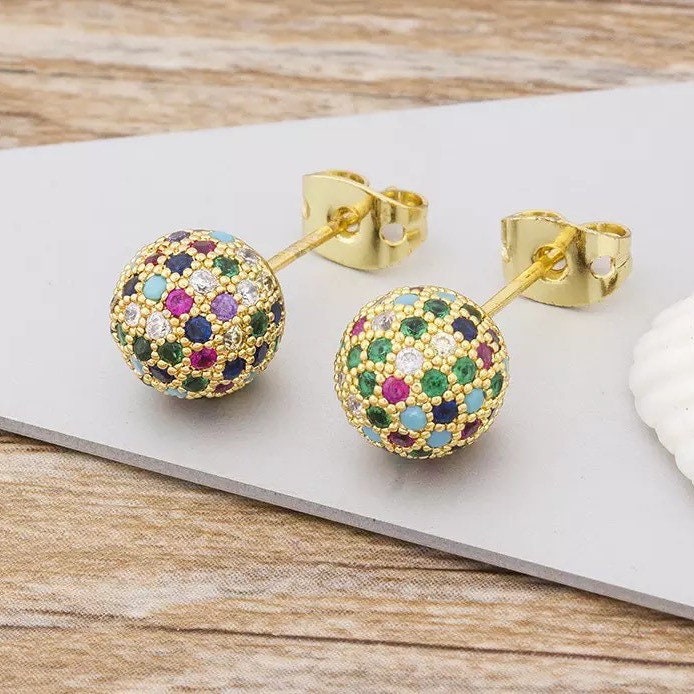 Pave ball stud earring disco ball earring gold round stud Etsy