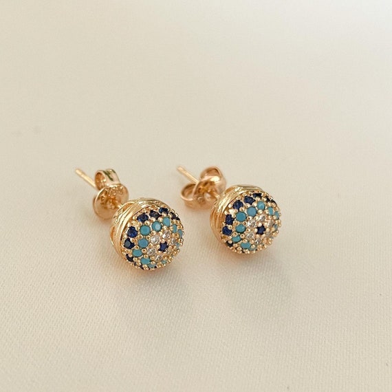 Stud Evil Eye Earring 14K Gold Plated Evil Eye Blue Eye Etsy
