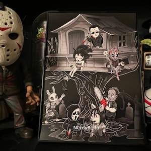 May include: Black and white illustration of horror movie characters in a spooky setting. The characters include Jason Voorhees, Freddy Krueger, Michael Myers, Ghostface, and Leatherface. The illustration is set in a dark forest with a treehouse and a graveyard. The text "NerdyBella" is at the bottom of the illustration.