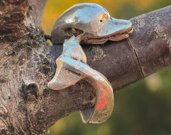 May include: A silver ring with a duck design. The ring features a detailed duck head and a curved tail, set against a blurred background of a tree branch and autumn foliage.