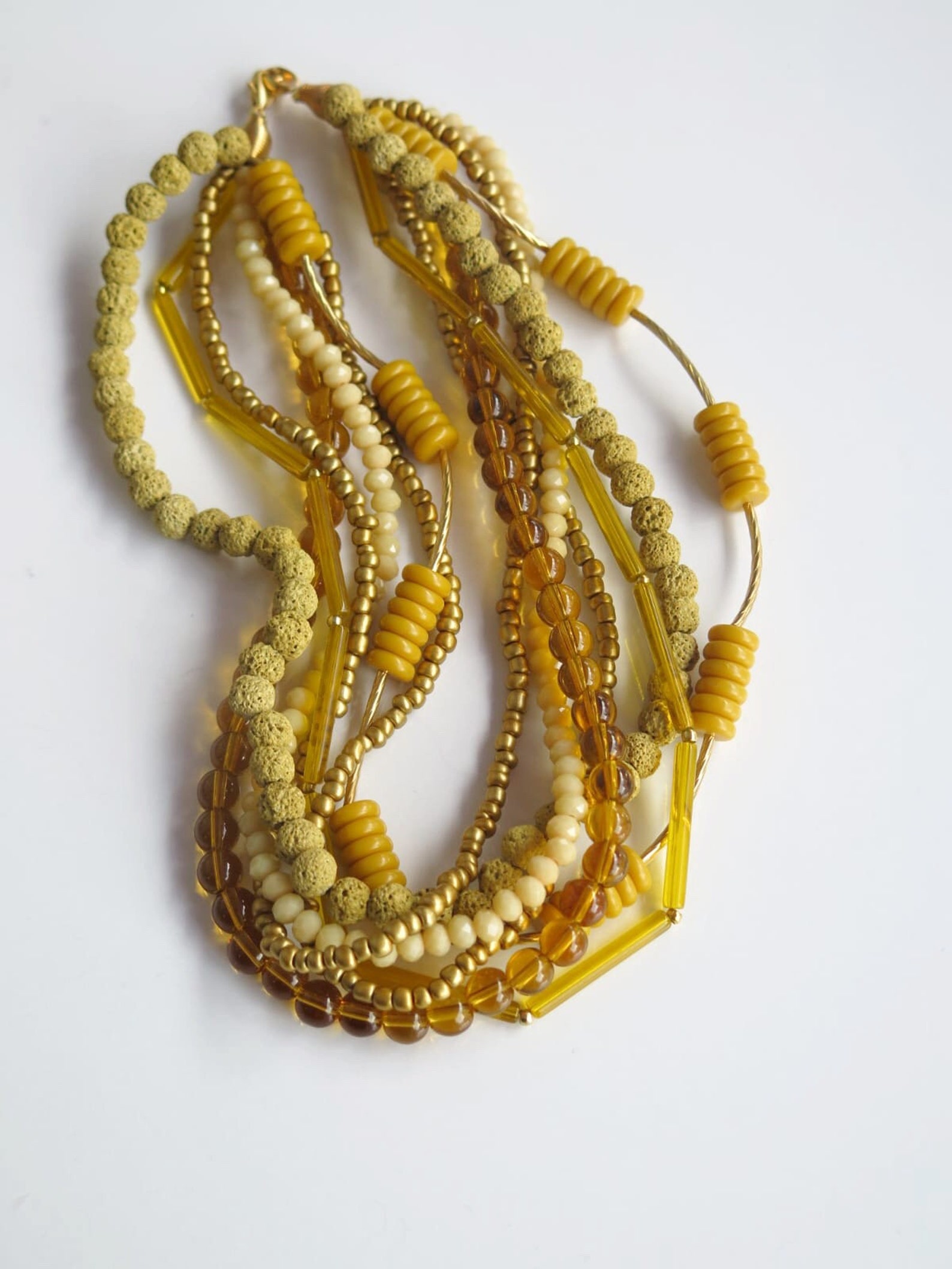 Mixed Bead Quartz Gemstone Mustard Yellow Layered Statement Etsy Ireland