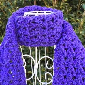 Handmade crochet scarf, wool/acrylic blend, shades of purple, 7 x 70, washable