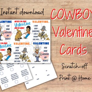 Día de San Valentín imprimible, tarjetas de San Valentín de vaquero, rasca la pegatina, descarga instantánea, tarjetas de San Valentín de niño, caballo, sombrero de vaquero, lazo
