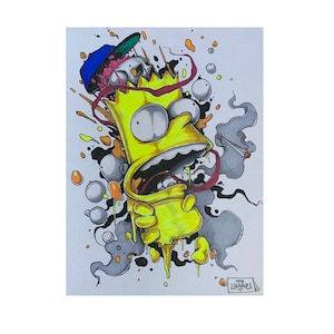 May include: A vibrant illustration of Bart Simpson in a distressed style. Bart is depicted with yellow skin, a blue cap, and a shocked expression. The artwork features gray smoke, splatters, and the artist's signature.