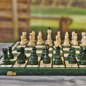 Green Wooden Chess Set  42 x 42 cm (16,5 x 16,5 in) , Large Wooden Chess Board Handcrafted, Carved Wood Chess Set