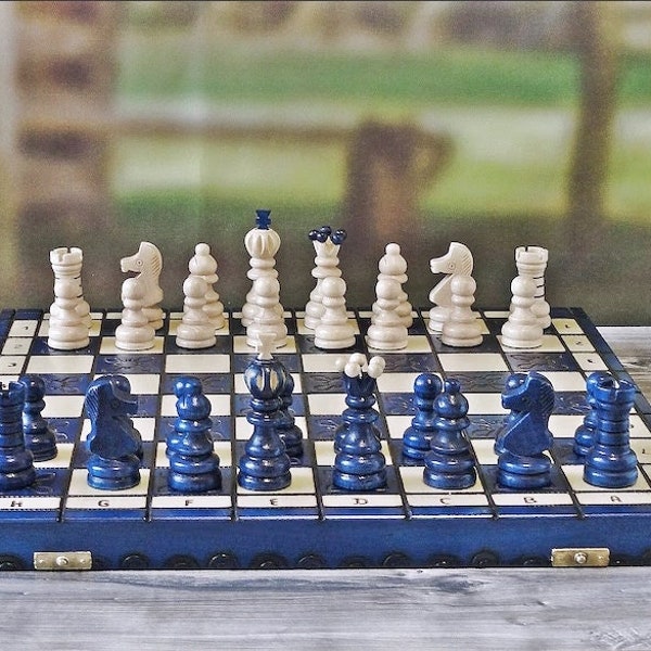 Chess Set 42 x 42 cm (16,5 x 16,5 in)  in Blue Color, Large Wooden Chess Set Handcrafted, Handmade Wooden Chess Set