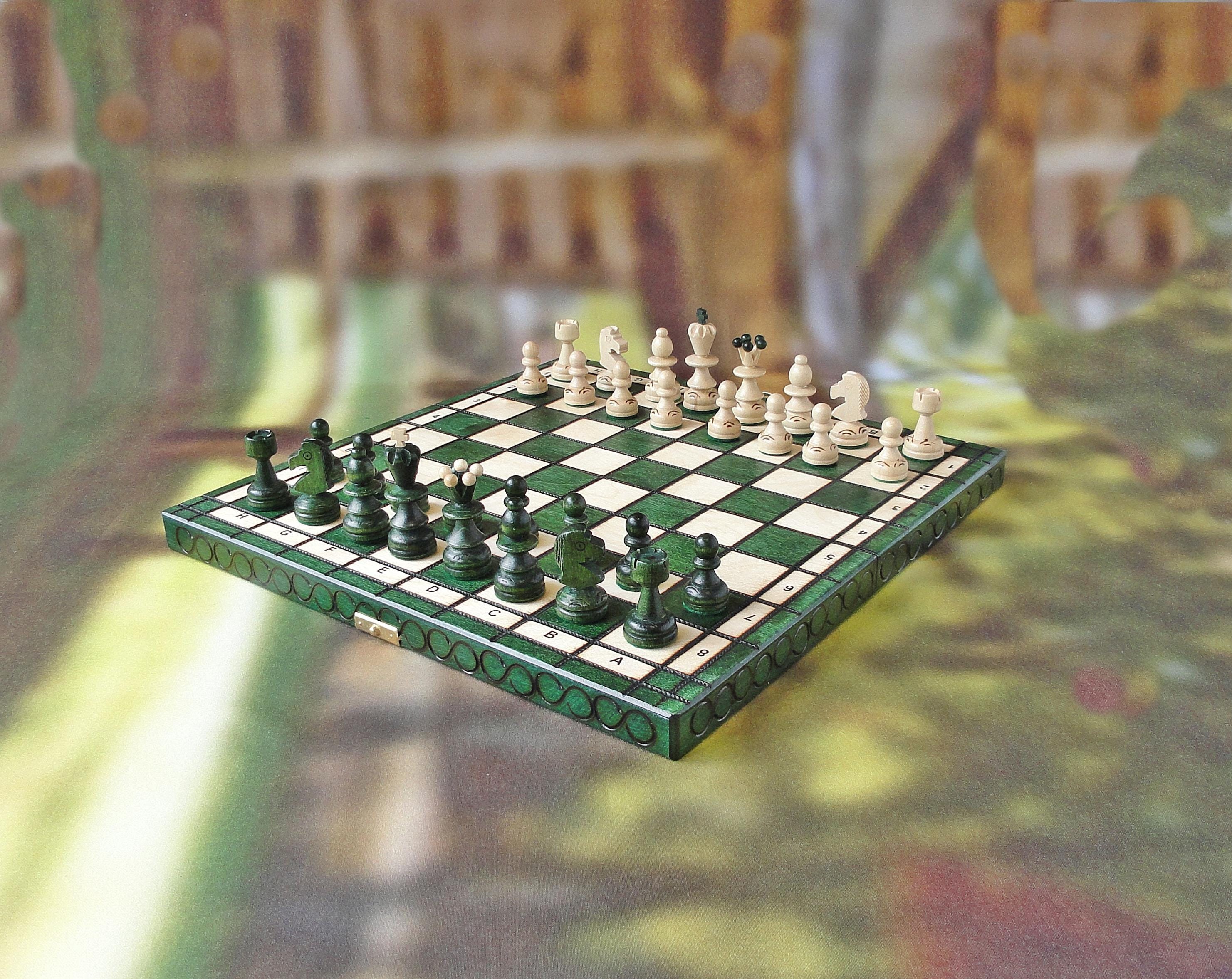 Green Wooden Chess Set 34 x 34 cm, Handcrafted wooden chess set, Travel Size Chess Set