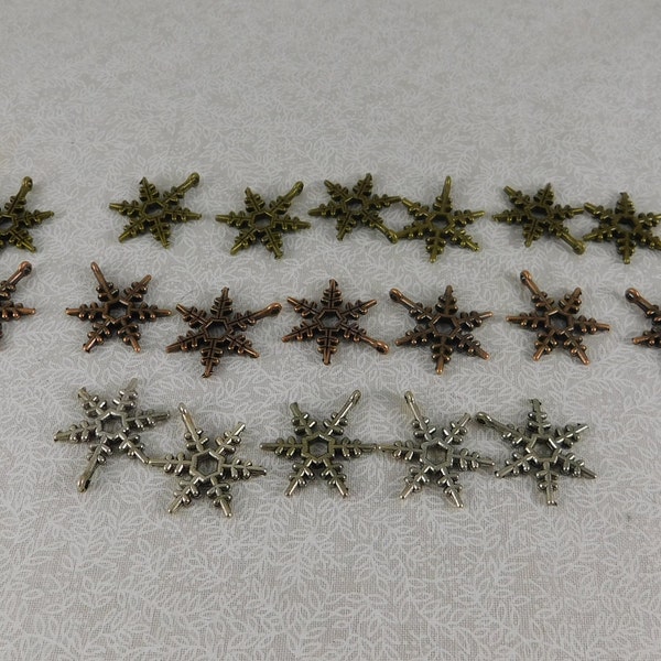 Vintage Metal Snowflake Charms/Focals~19 Ct., NEW OLD STOCK, Destash Findings, Copper(7), Brass(7) & Silver (5) Snowflake Charms, 2 Sided