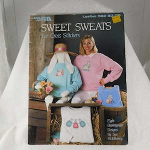 Vintage Sue McElhaney „Sweet Sweats” haft krzyżykowy autorstwa Leisure Arts-Leaflet #562, Copyright 1987, Vintage Craft, projekt wielkanocny