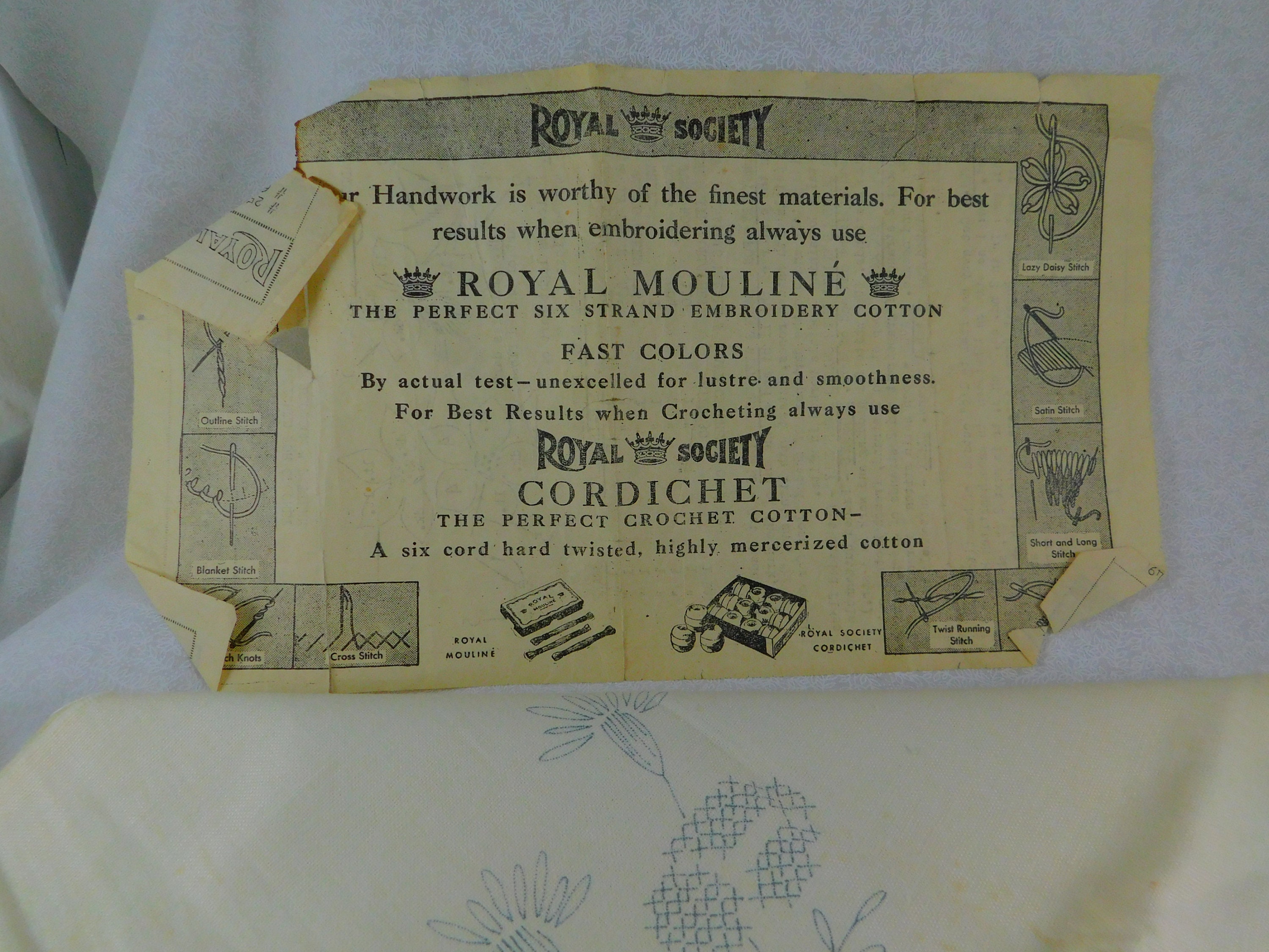 Antique 1920s Royal Society Stamped Cross Stitch Tablecloth for 24 Round Side Table wPaperworkCircular Floral DesignThread