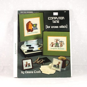 May include: A collection of cross-stitch patterns titled "Computer Time" by Deana Craft. The designs feature monkeys and a gorilla using computers. The image includes the text "Love of first Byte" and "Computer Business".