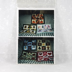 May include: A clear plastic bag containing several small, handmade quilts. The quilts feature various seasonal and holiday-themed designs, including pumpkins, sunflowers, snowmen, and hearts. The quilts are displayed on a checkered couch.