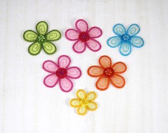 2014 Embroidered Flower Iron-On Patches: Sheer Fabric Applique with Beads (Lot of 6)