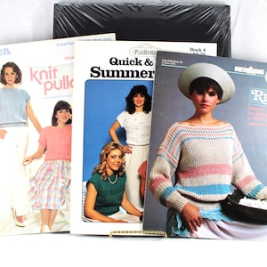 May include: Four knitting pattern books with colorful covers featuring women wearing knitted sweaters. The titles include "Knit Pullovers", "Quick & Summer", "Rio", and "Book 4".