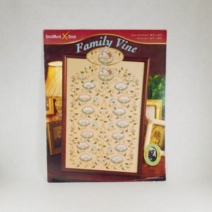 Vintage 1998 Stitch World X Stitch' Collection "Family Vine" autorstwa Anne W Stanton, Ulotka do haftu krzyżykowego, Drzewo genealogiczne, Pełnowymiarowa tabela kolorów
