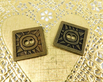 Vintage 70's Pair of Square Brass Sunshine Buttons, One Inch, Hippie Era Buttons, Garden Lover Gift, Flat Style, Brass,
