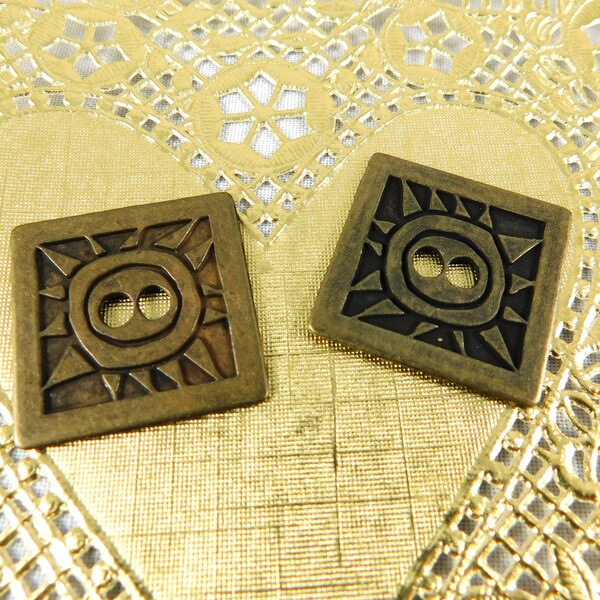 Vintage 70's Pair of Square Brass Sunshine Buttons, One Inch, Hippie Era Buttons, Garden Lover Gift, Flat Style, Brass,