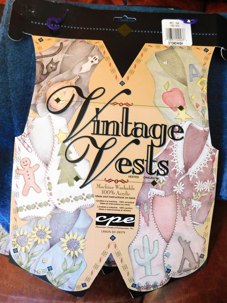 May include: A package for a vintage vest craft kit. The package features a colorful illustration of four different vest designs. The text on the package reads "Vintage Vests" and "Machine Washable 100% Acrylic".