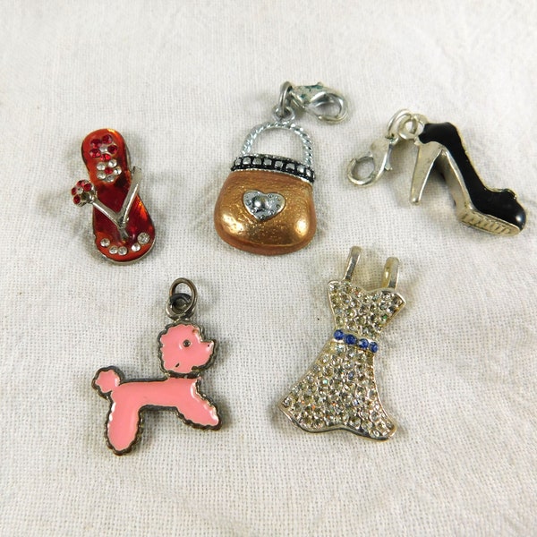 5 Assorted Charms for Girl or Fashion Lady Bracelet, Jewelry Crafting, Assorted Charm Lot, Assorted Figural Charms, Vintage Craft Supply