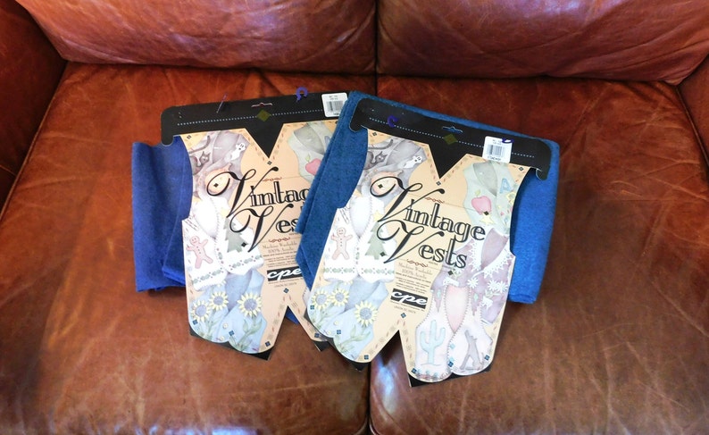 May include: Two packages of blue fabric labeled "Vintage Vests" with a whimsical design featuring sunflowers, cacti, and a gingerbread man.