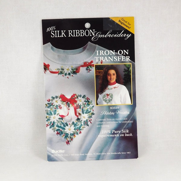 Bucilla "Holiday Wreaths" Silk Ribbon Embroidery Transfer for Sweatshirt, 1996, #83559, Instruction/Supply List, Makes Nice Gift