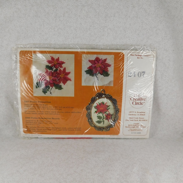 1983 Creative Circle Kit #2407 by Phyllis Kiger Designer, 2 Designs, "Pretty Poinsettias", #2407, Counted X Stitch Kit, Still Sealed