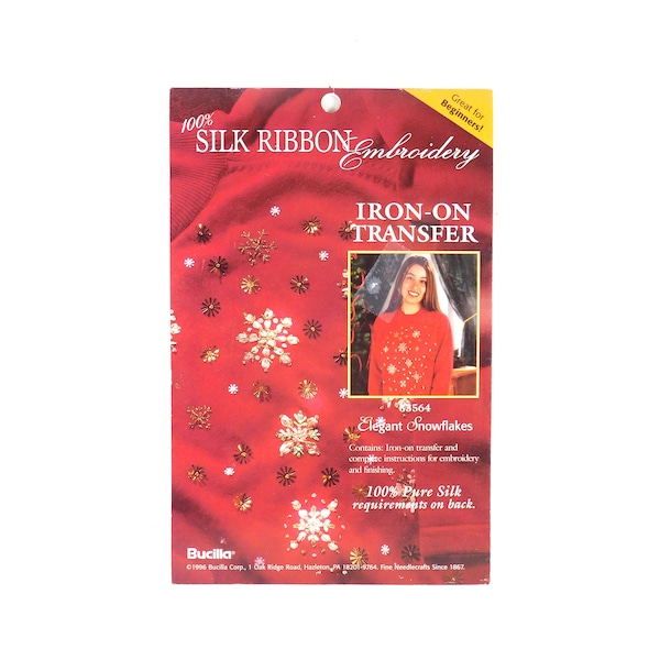 Bucilla "Elegant Snowflakes" Silk Ribbon Embroidery Transfer for Sweater, 1996, #83564, Instruction/Supply List, Makes Nice Gift