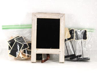 2019 Chalkboard Craft Lot: 7 Inch Easel, Photo Recipe Place Card Holders, Clip Name Tags, New Condition, Wedding or Bridal Shower Craft