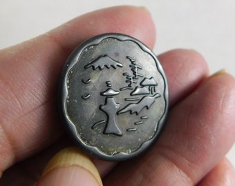 Single Vintage Silver Metal Pictural Asian Button w/Mt. Fuji?/Symbols/Pagoda/Person, Moderate Overall Patina, Shank Style