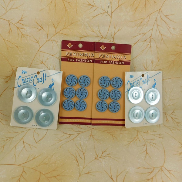 Vintage Lot of Assorted Blue Buttons Still on Original Cards, 8 Pale Blue Crane Craft & 12 Penimaid Country Blue Swirls, Vintage Button Lot