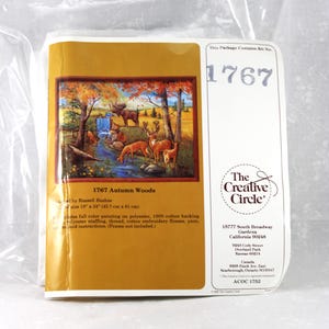 Vintage 1987 "Autumn Woods" Quilted Crewelwork Kit #1767: Creative Circle, Deer & Moose, Open, Pristine