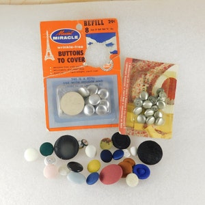 Vintage 50s Cloth Covered Button Lot: 25 Assorted Shank Buttons with Supplies