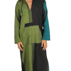 Men's or women's nightshirt boho AF cotton   pocket and hood teal black green kaftan herren Extra Roomy sizes NOW