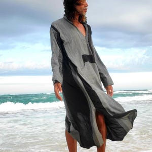 Men's or women's nightshirt boho AF cotton   pocket and hood black and  gray kaftan herren caftan