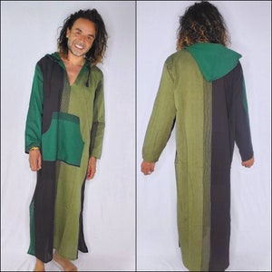 May include: A long, hooded robe with a patchwork design in shades of green and black. The robe has a large pocket on the front and a drawstring hood.