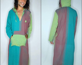 Men's or women's nightshirt boho AF cotton   pocket and hood teal green red kaftan herren
