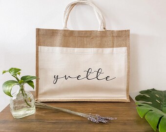 Gepersonaliseerde jute draagtas met canvas zak, gepersonaliseerde strandtas, gepersonaliseerde bruidsmeisjetas voor vrijgezellencadeau, cadeau voor de bruid