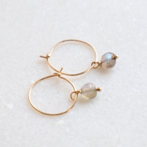 Minimalistic 15mm gold filled or silver earrings with labradorite coin pendants