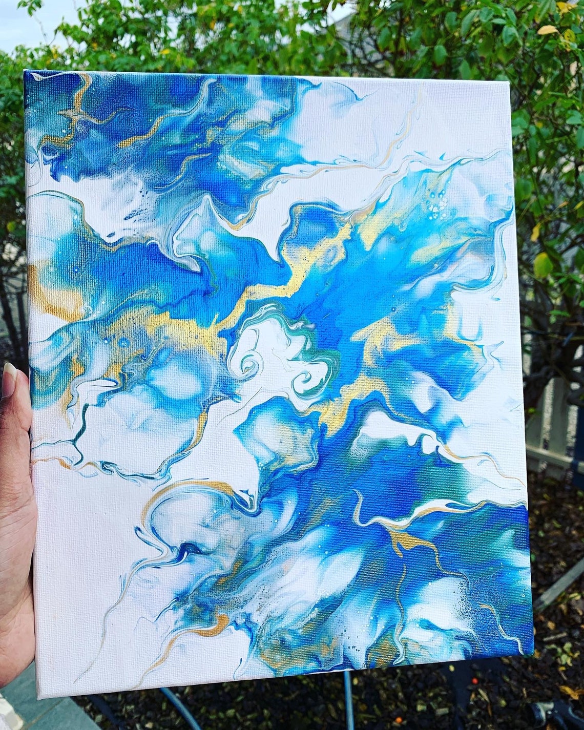 Acrylic Dutch pour painting with Metallic blue green and gold Etsy