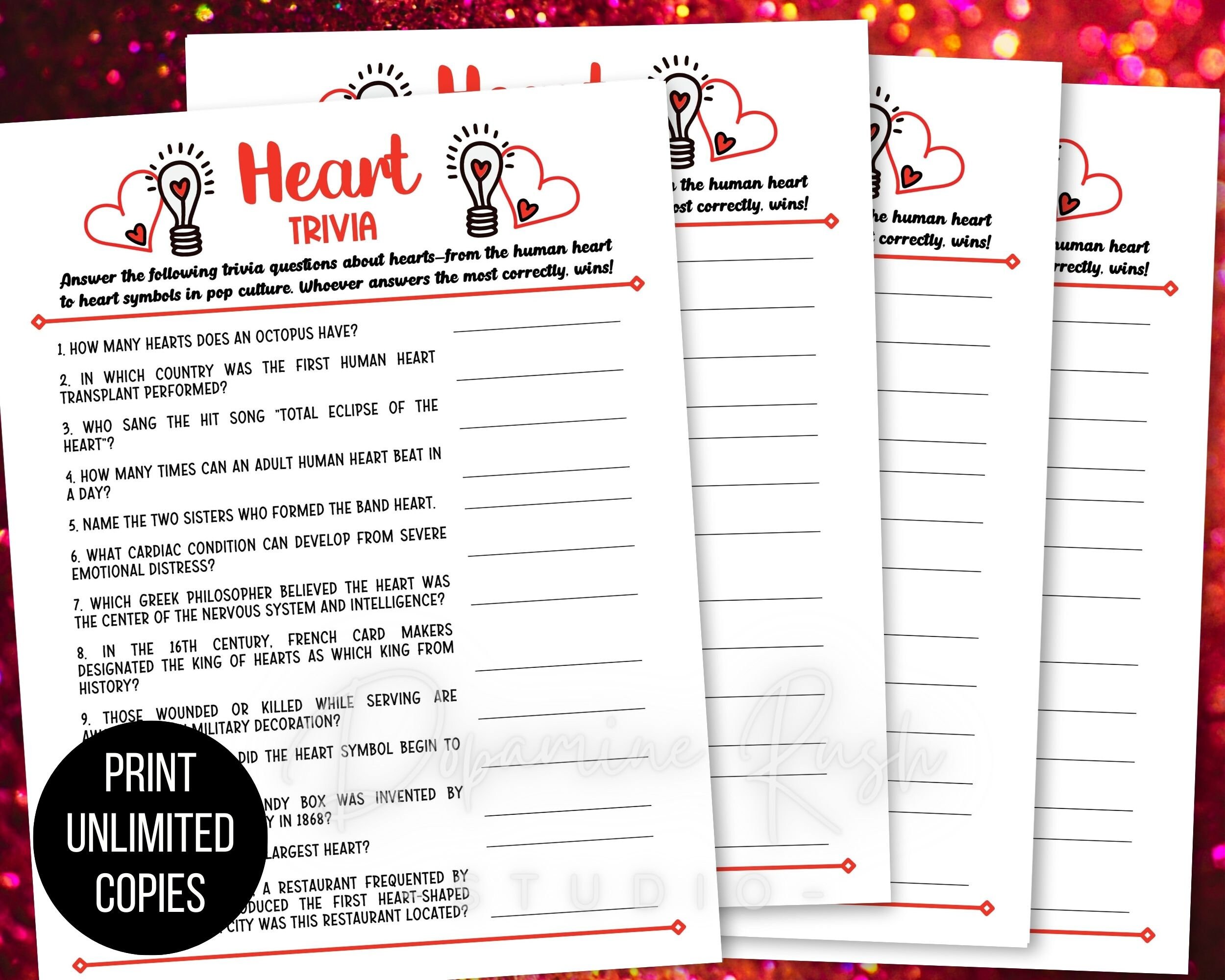 Printable Heart Trivia, Valentines Day Games, Valentine Trivia, Heart
