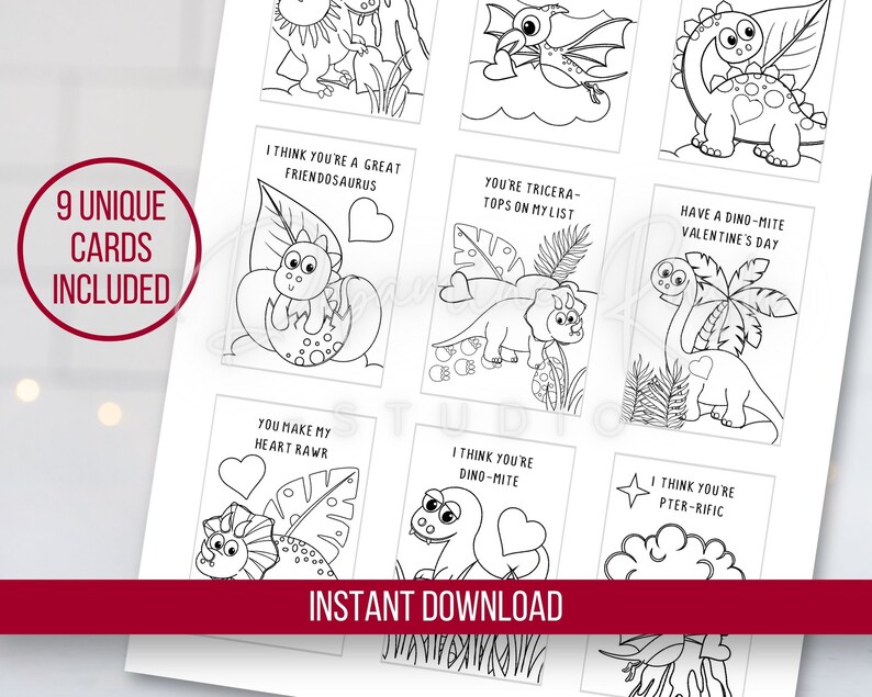 May include: Nine black and white printable Valentine's Day cards featuring dinosaurs with cute sayings. The cards include phrases like "I think you're a great friendosaurus" and "You're tricera-tops on my list".