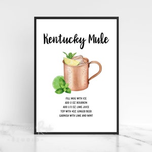 Afdrukbare zelfbediening Kentucky Mule Cocktail 8x10" Teken, Cocktail Receptkaarten 5x7", Kentucky Mule Bar Teken, Drankrecepten, Digitale Download