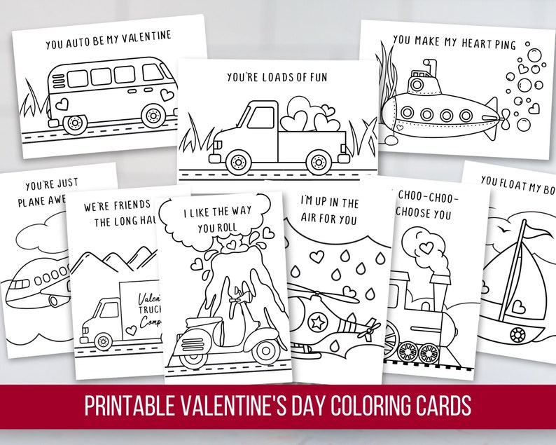 Printable Valentine’s Day Coloring Cards, Transportation Coloring Cards ...