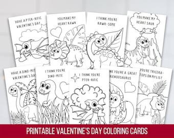 Printable Valentine’s Day Coloring Cards, Dinosaur Coloring Cards, Printable Kids’ Valentine Coloring Activity, Digital Download