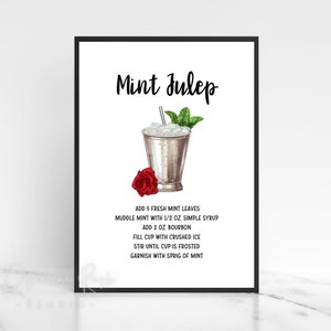 Cartello self-service stampabile Mint Julep Cocktail 8x10", Carte di ricette cocktail 5x7", Cartello Mint Julep Bar, Ricette di bevande, Download digitale