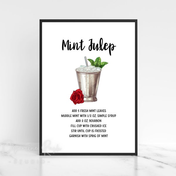 Printable Self-Serve Mint Julep Cocktail 8x10” Sign, Cocktail Recipe Cards 5x7”, Mint Julep Bar Sign, Drink Recipes, Digital Download